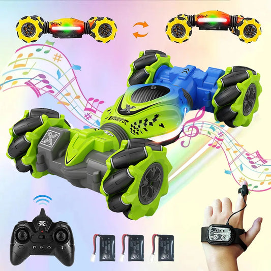 Remote-controlled 4WD car toy with gesture sensor, rotation, and stunt.